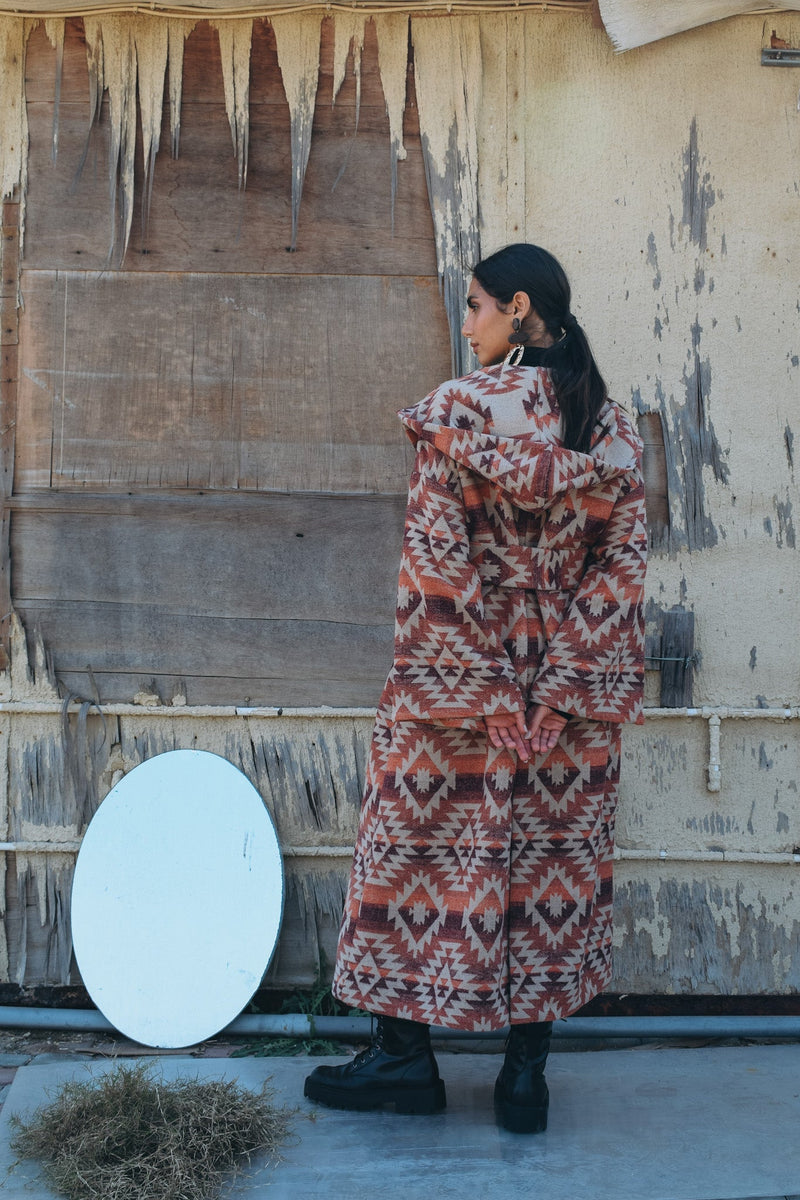 Tribal wool jacket with hoodie and belt