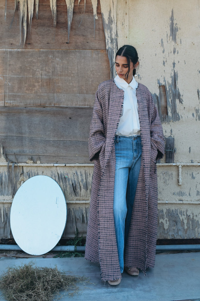 Hand weaved tweed abaya with frayed sleeve, hems and pockets