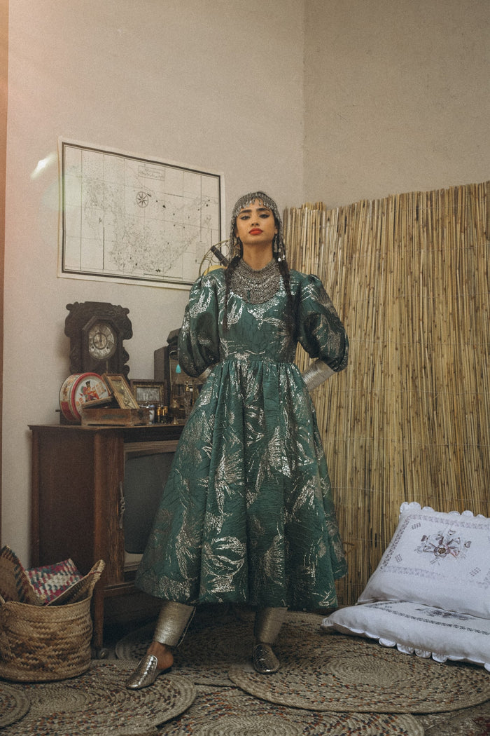 Jacquard set of dress & harem pants with cuffed trimmings on sleeves & legs