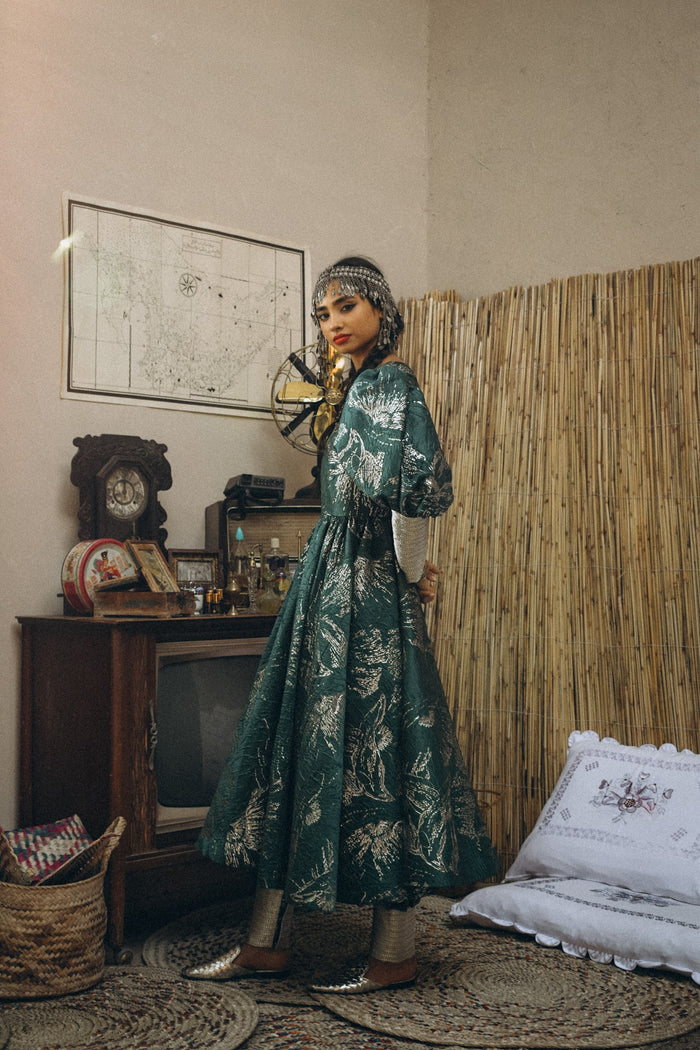 Jacquard set of dress & harem pants with cuffed trimmings on sleeves & legs