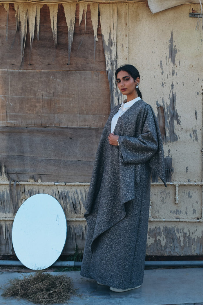Silk wool abaya with silver metallic treads with oversized collar slitted at shoulder