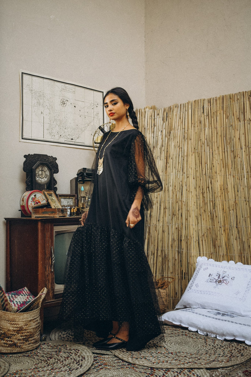 Dotted tulle dress with layers lined with silk inner and gathered cuff