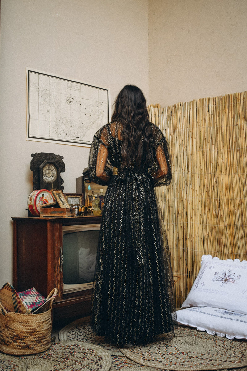 Loose high neck tulle kaftan with trimmings on neckline and cuff