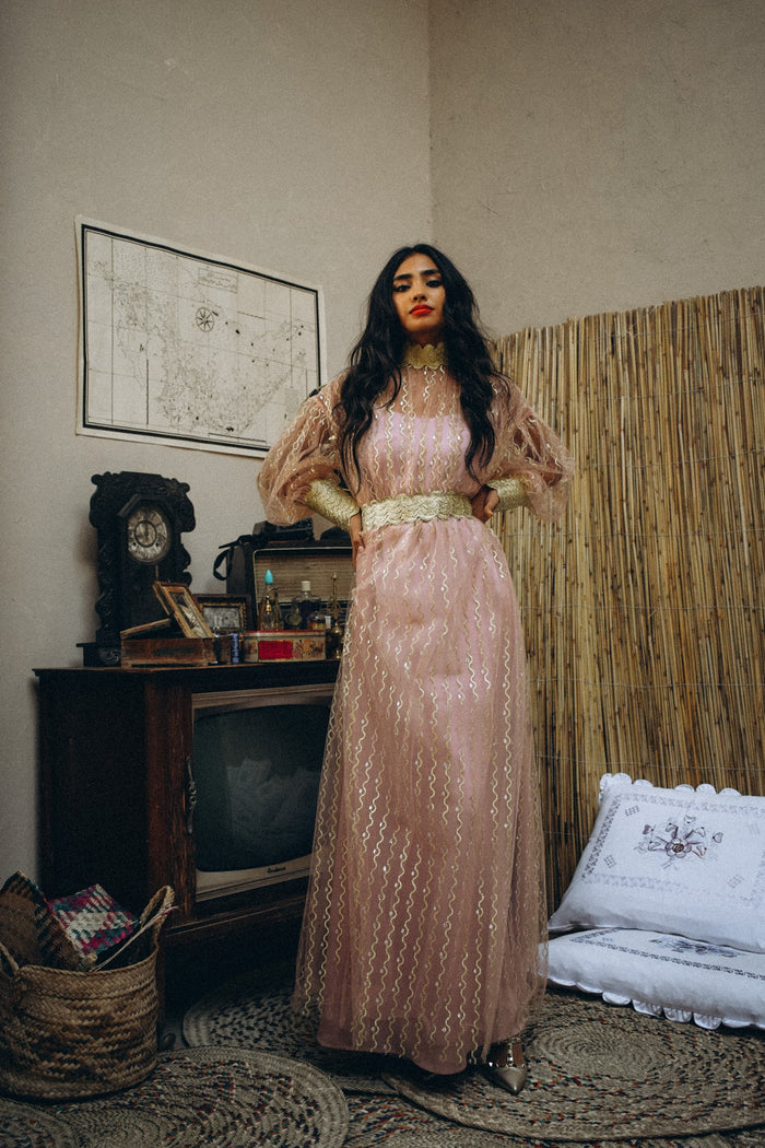 Loose high neck tulle kaftan with trimmings on neckline and cuff