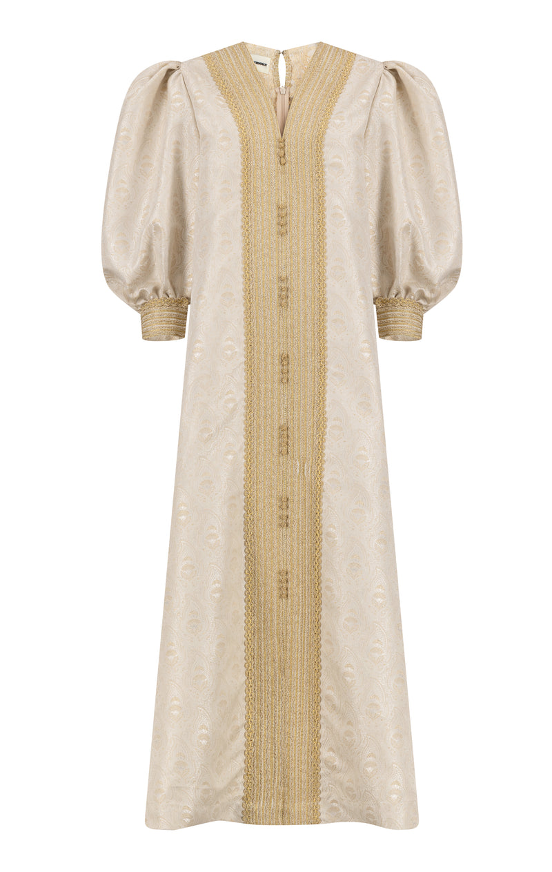 Puffed sleeve jacquard kaftan with gold trims and buttons