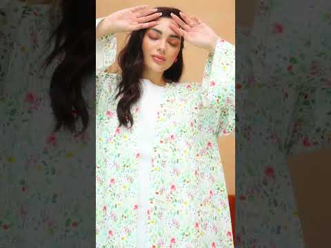 Classic white linen abaya with floral print